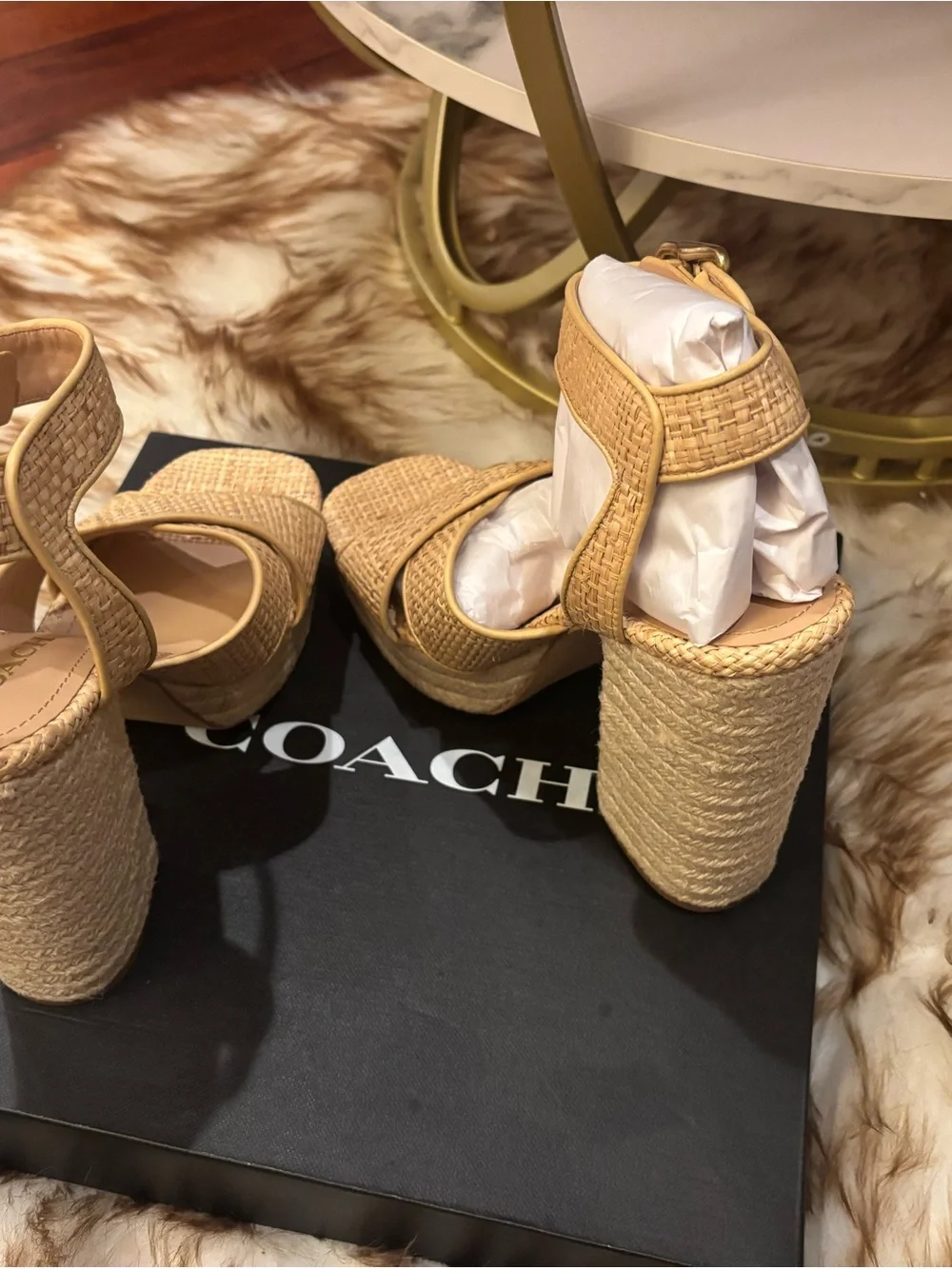 Coach Woven Platform Heel Sandals in Natural Beige